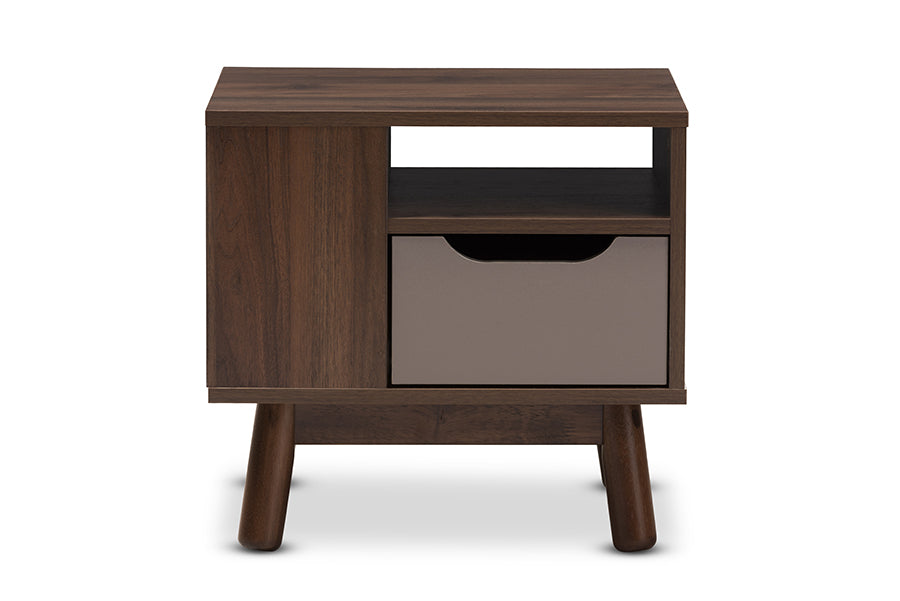 Baxton Studio Britta Mid-Century Modern Walnut Brown and Grey Two-Tone Finished Wood Nightstand | Nightstands | Modishstore - 6