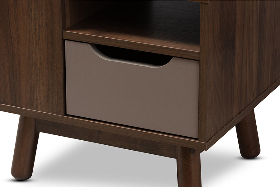 Baxton Studio Britta Mid-Century Modern Walnut Brown and Grey Two-Tone Finished Wood Nightstand | Nightstands | Modishstore - 4