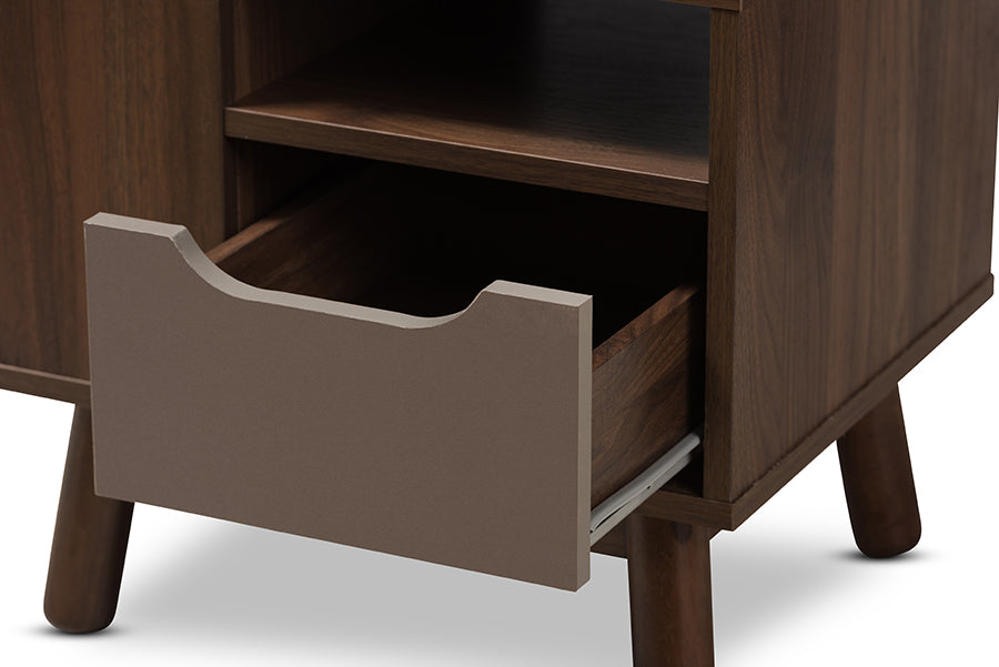 Baxton Studio Britta Mid-Century Modern Walnut Brown and Grey Two-Tone Finished Wood Nightstand | Nightstands | Modishstore - 3