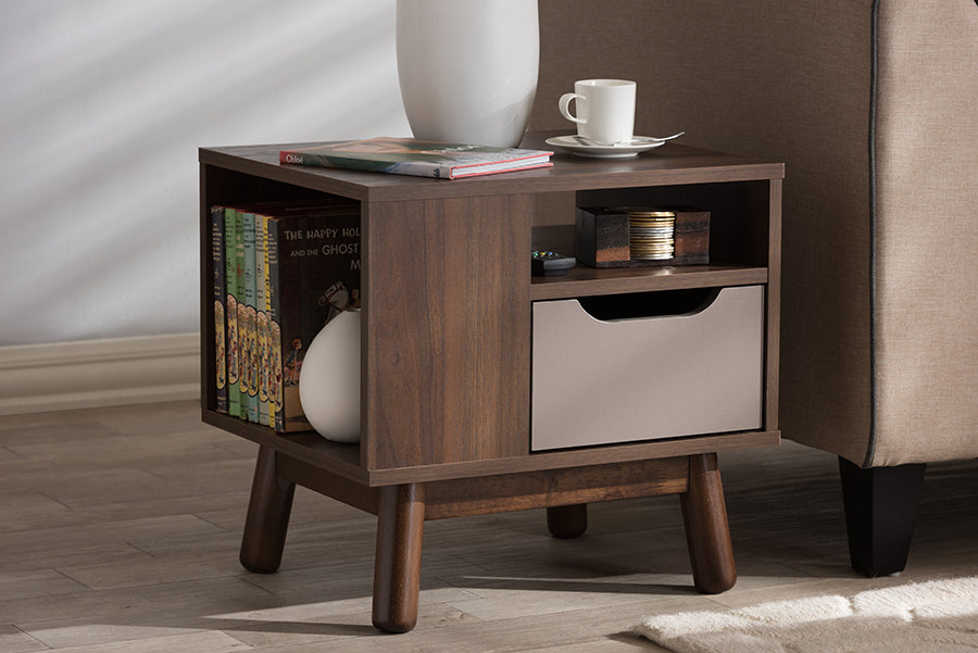 Baxton Studio Britta Mid-Century Modern Walnut Brown and Grey Two-Tone Finished Wood Nightstand | Nightstands | Modishstore - 2