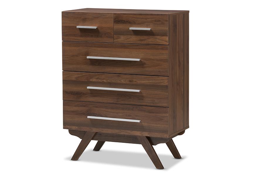 baxton studio auburn mid century modern walnut brown finished wood 5 drawer chest | Modish Furniture Store-3