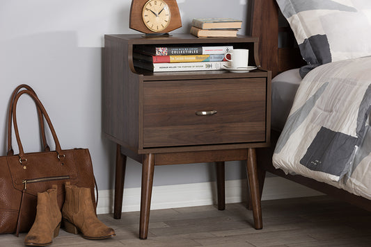 Baxton Studio Disa Mid-Century Modern Walnut Brown Finished Nightstand | Modishstore | Nightstands