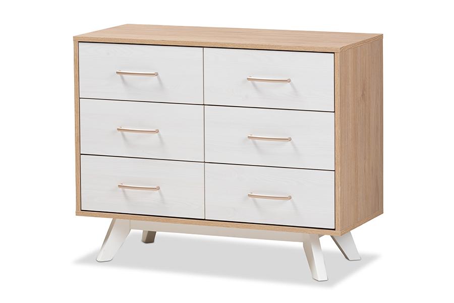 baxton studio helena mid century modern natural oak and whitewashed finished wood 6 drawer dresser | Modish Furniture Store-2