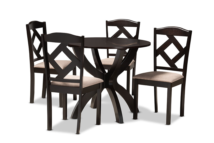 baxton studio quinlan modern and contemporary sand fabric upholstered and dark brown finished wood 5 piece dining set | Modish Furniture Store-2