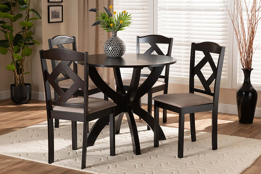 Baxton Studio Quinlan Modern and Contemporary Sand Fabric Upholstered and Dark Brown Finished Wood 5-Piece Dining Set | Modishstore | Dining Sets