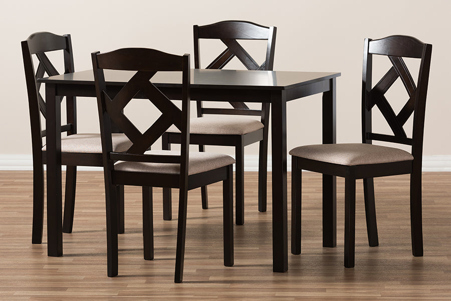 Baxton Studio Ruth Modern and Contemporary Beige Fabric Upholstered and Dark Brown Finished 5-Piece Dining Set | Dining Sets | Modishstore