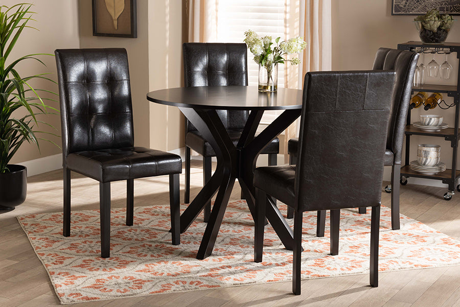 Baxton Studio Marie Modern and Contemporary Dark Brown Faux Leather Upholstered and Dark brown Finished Wood 5-Piece Dining Set | Modishstore | Dining Sets