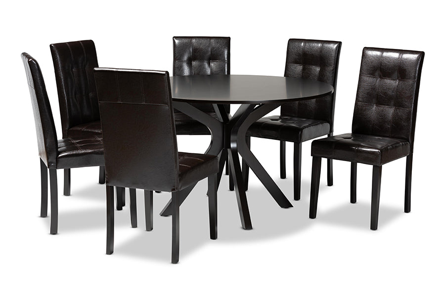 baxton studio marie modern and contemporary dark brown faux leather upholstered and dark brown finished wood 7 piece dining set | Modish Furniture Store-2