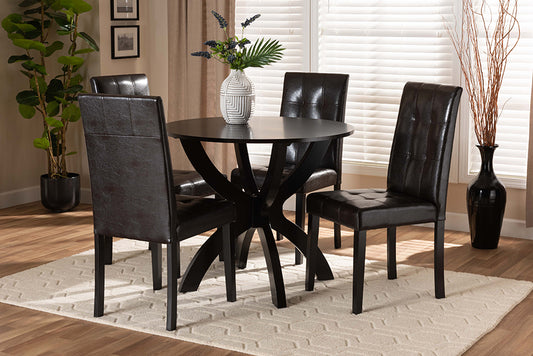 Baxton Studio Elira Modern and Contemporary Dark Brown Faux Leather Upholstered and Dark Brown Finished Wood 5-Piece Dining Set | Modishstore | Dining Sets