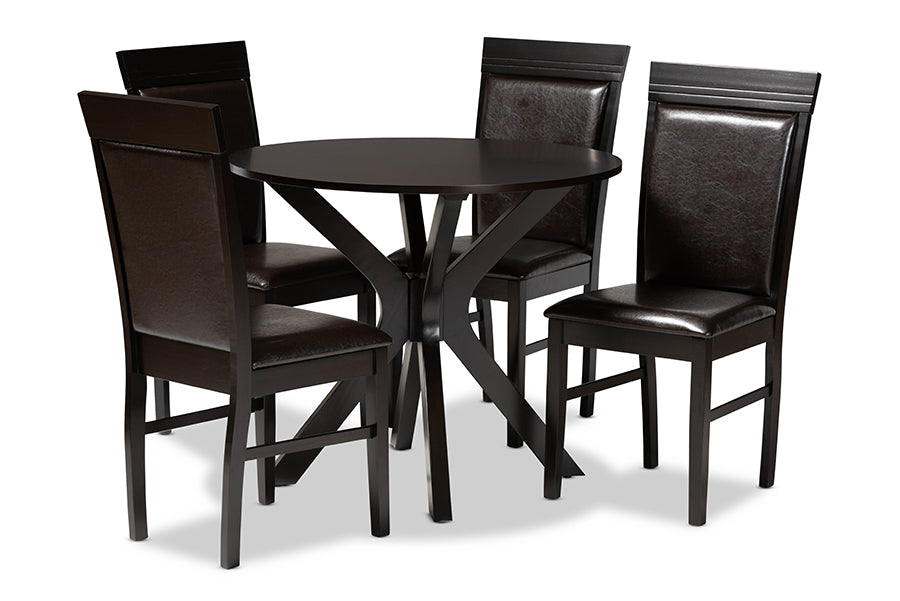 baxton studio jeane modern and contemporary dark brown faux leather upholstered and dark brown finished wood 5 piece dining set | Modish Furniture Store-2