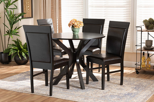 Baxton Studio Jeane Modern and Contemporary Dark Brown Faux Leather Upholstered and Dark Brown Finished Wood 5-Piece Dining Set | Modishstore | Dining Sets