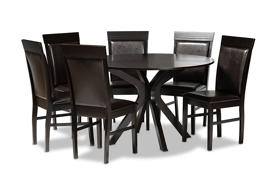 baxton studio jeane modern and contemporary dark brown faux leather upholstered and dark brown finished wood 7 piece dining set | Modish Furniture Store-2