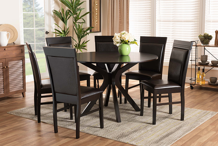 Baxton Studio Jeane Modern and Contemporary Dark Brown Faux Leather Upholstered and Dark Brown Finished Wood 7-Piece Dining Set | Modishstore | Dining Sets