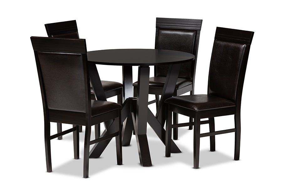 baxton studio nada modern and contemporary dark brown faux leather upholstered and dark brown finished wood 5 piece dining set | Modish Furniture Store-2