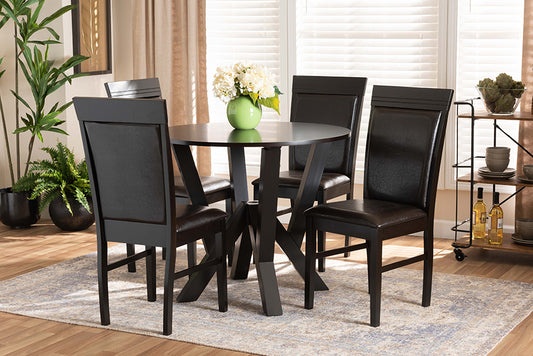 Baxton Studio Nada Modern and Contemporary Dark Brown Faux Leather Upholstered and Dark Brown Finished Wood 5-Piece Dining Set | Modishstore | Dining Sets