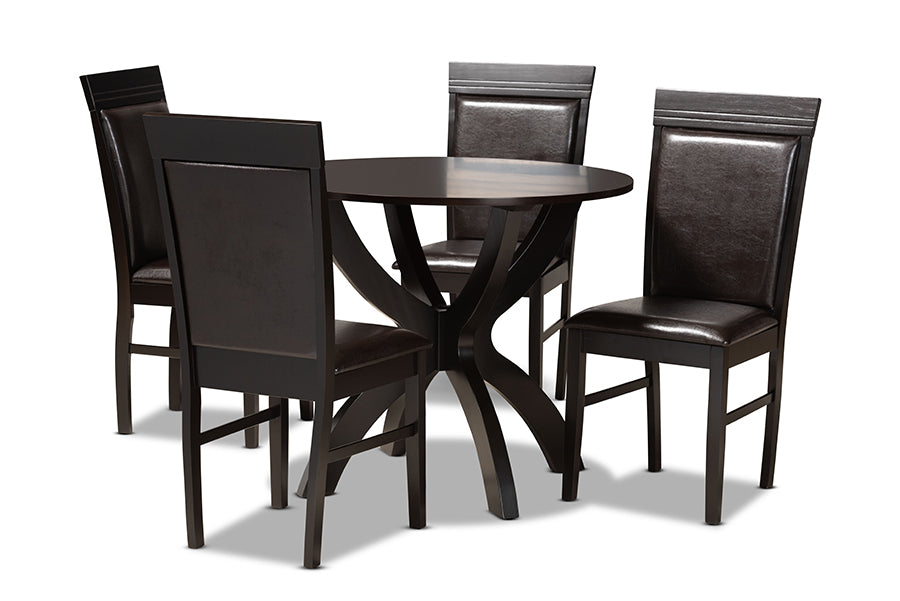 baxton studio ancel modern and contemporary dark brown faux leather upholstered and dark brown finished wood 5 piece dining set | Modish Furniture Store-2