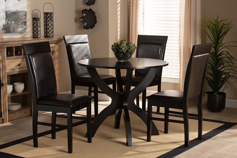 Baxton Studio Ancel Modern and Contemporary Dark Brown Faux Leather Upholstered and Dark Brown Finished Wood 5-Piece Dining Set | Modishstore | Dining Sets