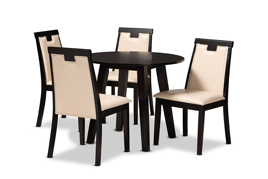 baxton studio ryan modern and contemporary beige faux leather upholstered and dark brown finished wood 5 piece dining set | Modish Furniture Store-2