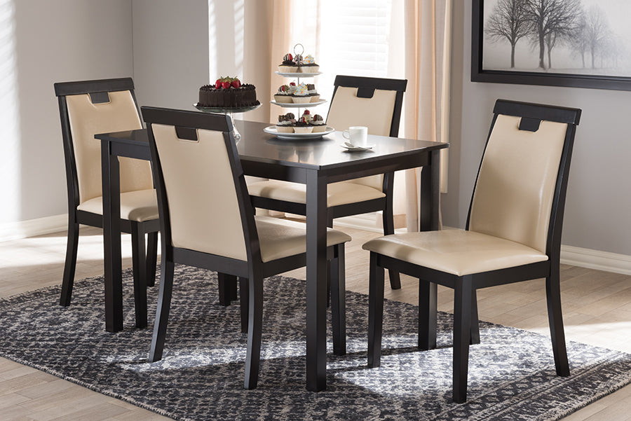 Baxton Studio Evelyn Modern and Contemporary Beige Faux Leather Upholstered and Dark Brown Finished 5-Piece Dining Set | Dining Sets | Modishstore - 2