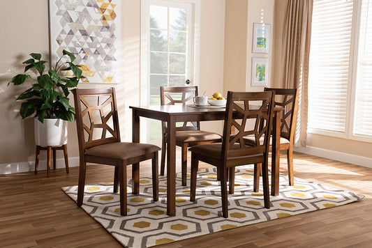 Baxton Studio Abilene Mid-Century Light Brown Fabric Upholstered and Walnut Brown Finished 5-Piece Wood Dining Set | Modishstore | Dining Sets