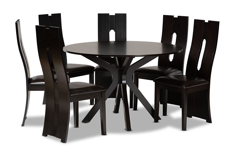 baxton studio kenyon modern and contemporary dark brown faux leather upholstered and dark brown finished wood 7 piece dining set | Modish Furniture Store-2
