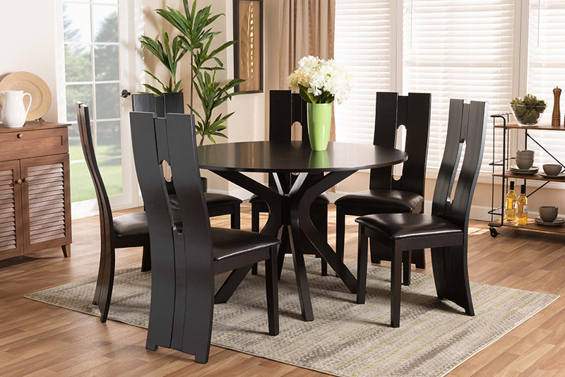 Baxton Studio Kenyon Modern and Contemporary Dark Brown Faux Leather Upholstered and Dark Brown Finished Wood 7-Piece Dining Set | Modishstore | Dining Sets