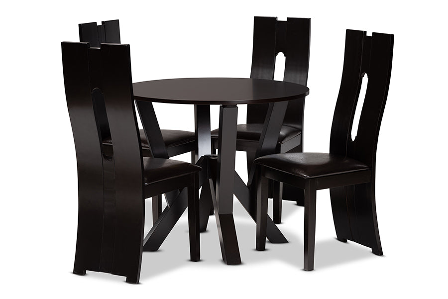 baxton studio senan modern and contemporary dark brown faux leather upholstered and dark brown finished wood 5 piece dining set | Modish Furniture Store-2