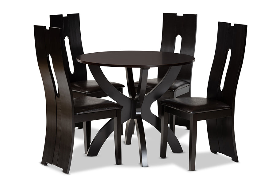 baxton studio ronda modern and contemporary dark brown faux leather upholstered and dark brown finished wood 5 piece dining set | Modish Furniture Store-2