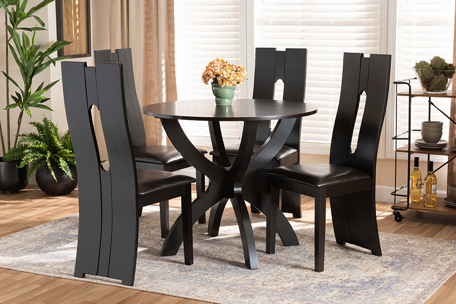 Baxton Studio Ronda Modern and Contemporary Dark Brown Faux Leather Upholstered and Dark Brown Finished Wood 5-Piece Dining Set | Modishstore | Dining Sets