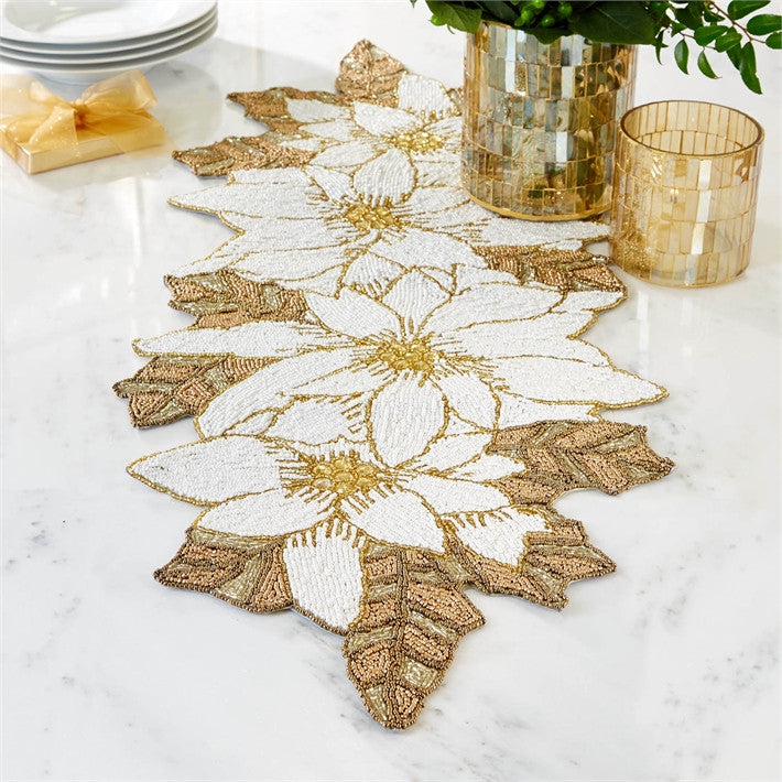 Two's Company White Poinsettia Table Runner