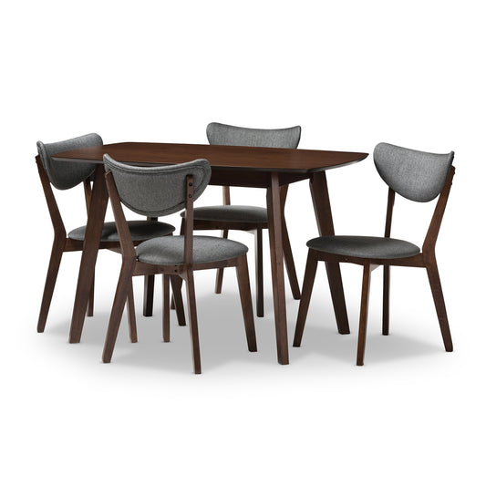 Baxton Studio Hadrea Mid-century Modern Walnut-Finished Dark Grey Fabric Upholstered 5-Piece Dining Set | Dining Sets | Modishstore