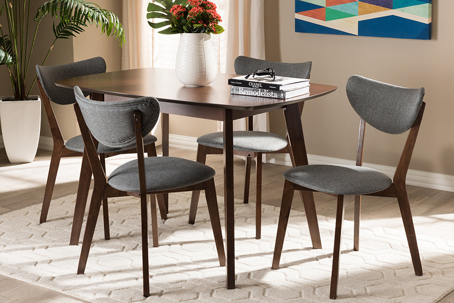 Baxton Studio Hadrea Mid-century Modern Walnut-Finished Dark Grey Fabric Upholstered 5-Piece Dining Set | Dining Sets | Modishstore - 2