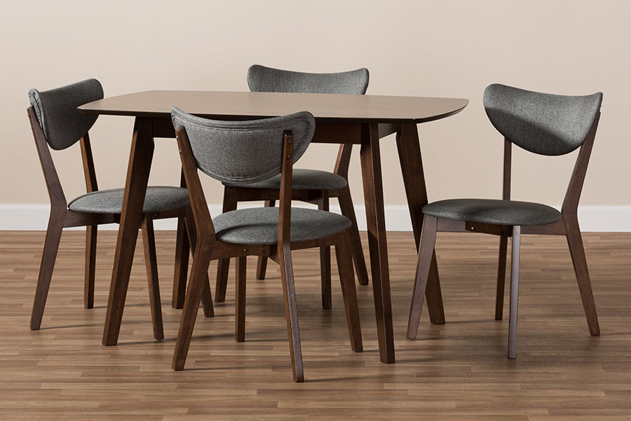 Baxton Studio Hadrea Mid-century Modern Walnut-Finished Dark Grey Fabric Upholstered 5-Piece Dining Set | Dining Sets | Modishstore - 3
