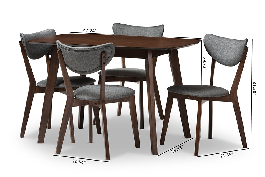 Baxton Studio Hadrea Mid-century Modern Walnut-Finished Dark Grey Fabric Upholstered 5-Piece Dining Set | Dining Sets | Modishstore - 6