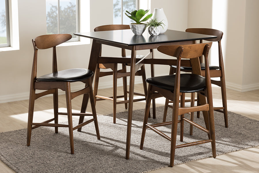 Baxton Studio Flora Mid-Century Modern Black Faux-Leather Upholstered Walnut Finished 5-Piece Pub Set | Modishstore | Bar Furniture