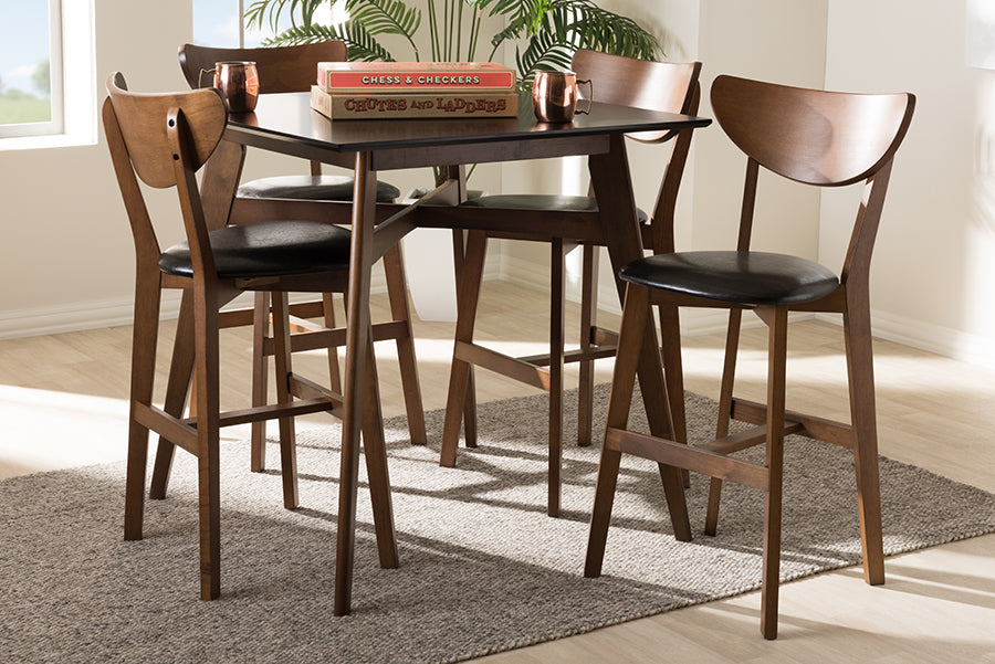 Baxton Studio Eline Mid-Century Modern Black Faux Leather Upholstered Walnut Finished 5-Piece Pub Set | Modishstore | Bar Furniture