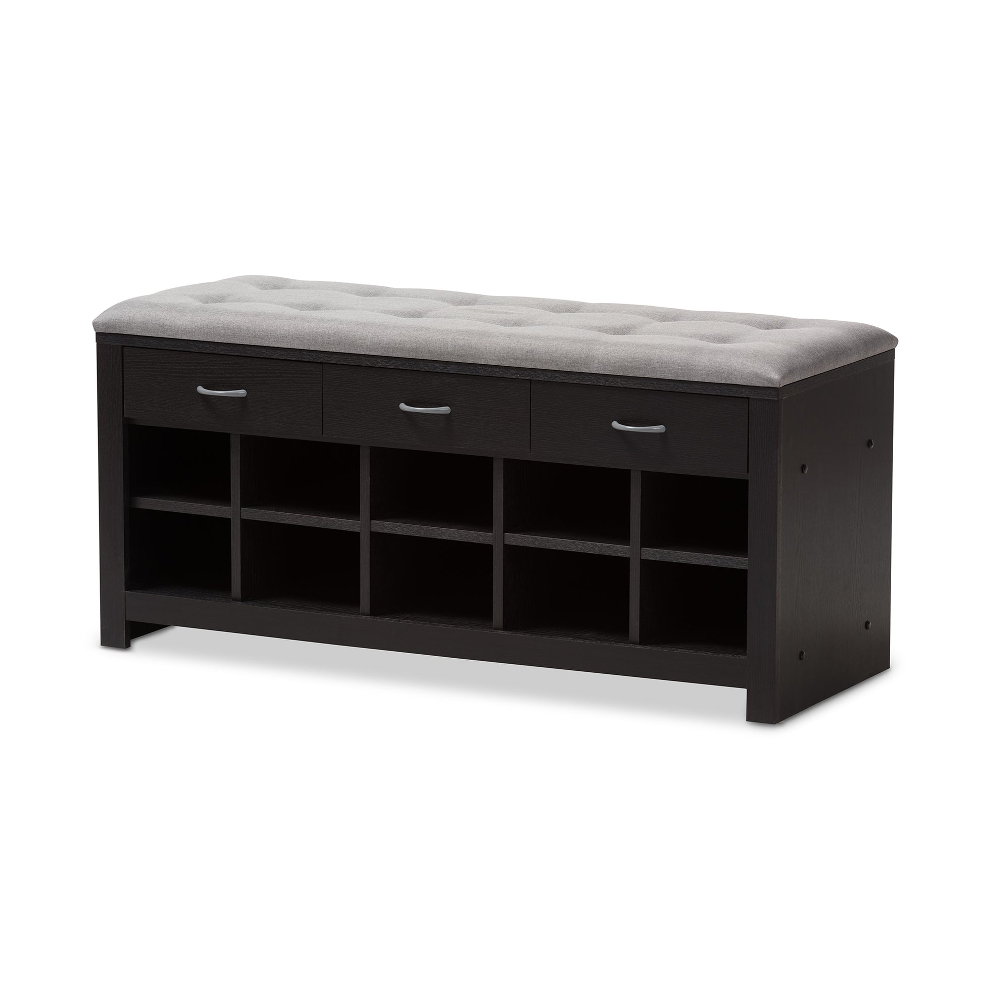 Baxton Studio Modern and Contemporary Espresso Finished Grey Fabric Upholstered Cushioned Entryway Bench | Cabinets | Modishstore