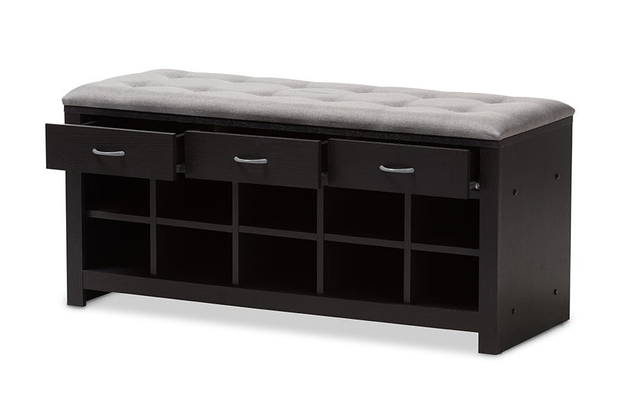 Baxton Studio Modern and Contemporary Espresso Finished Grey Fabric Upholstered Cushioned Entryway Bench | Cabinets | Modishstore - 7