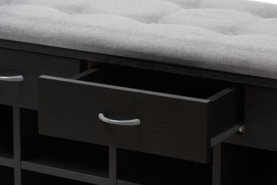 Baxton Studio Modern and Contemporary Espresso Finished Grey Fabric Upholstered Cushioned Entryway Bench | Cabinets | Modishstore - 4