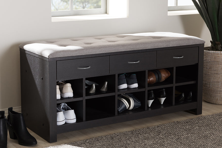 Baxton Studio Modern and Contemporary Espresso Finished Grey Fabric Upholstered Cushioned Entryway Bench | Cabinets | Modishstore - 2