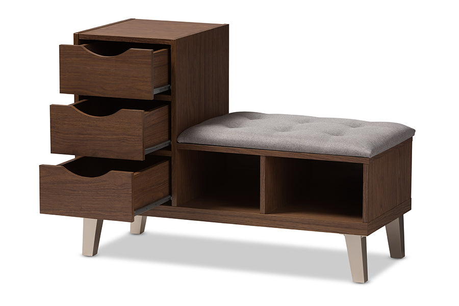 Baxton Studio Arielle Modern and Contemporary Walnut Wood 3-Drawer Shoe Storage Grey Fabric Upholstered Seating Bench with Two Open Shelves | Cabinets | Modishstore - 8