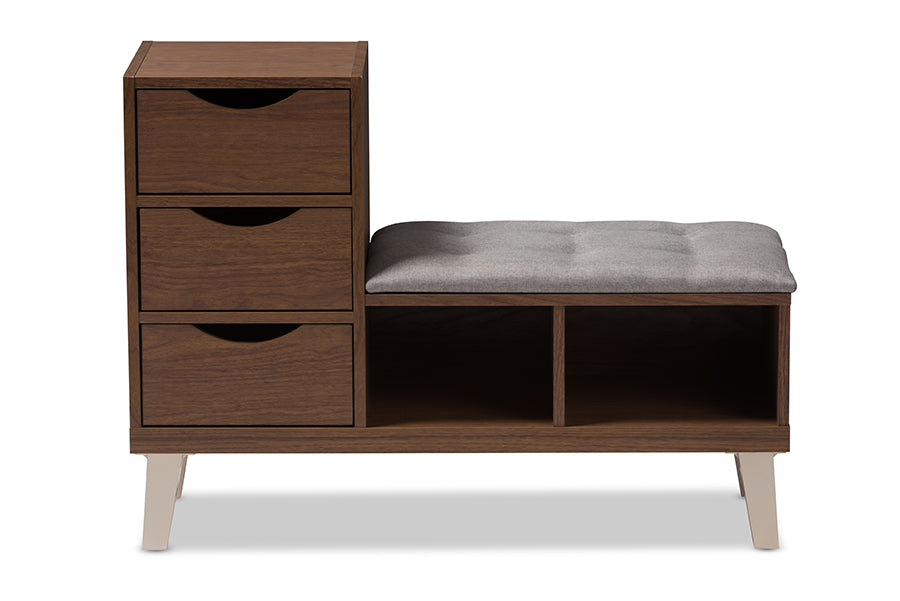 Baxton Studio Arielle Modern and Contemporary Walnut Wood 3-Drawer Shoe Storage Grey Fabric Upholstered Seating Bench with Two Open Shelves | Cabinets | Modishstore - 7