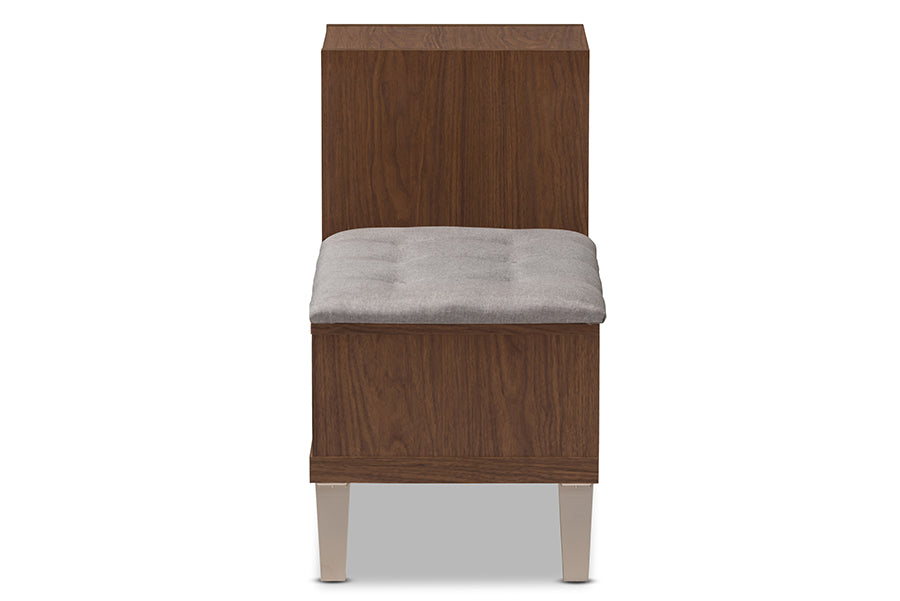 Baxton Studio Arielle Modern and Contemporary Walnut Wood 3-Drawer Shoe Storage Grey Fabric Upholstered Seating Bench with Two Open Shelves | Cabinets | Modishstore - 6