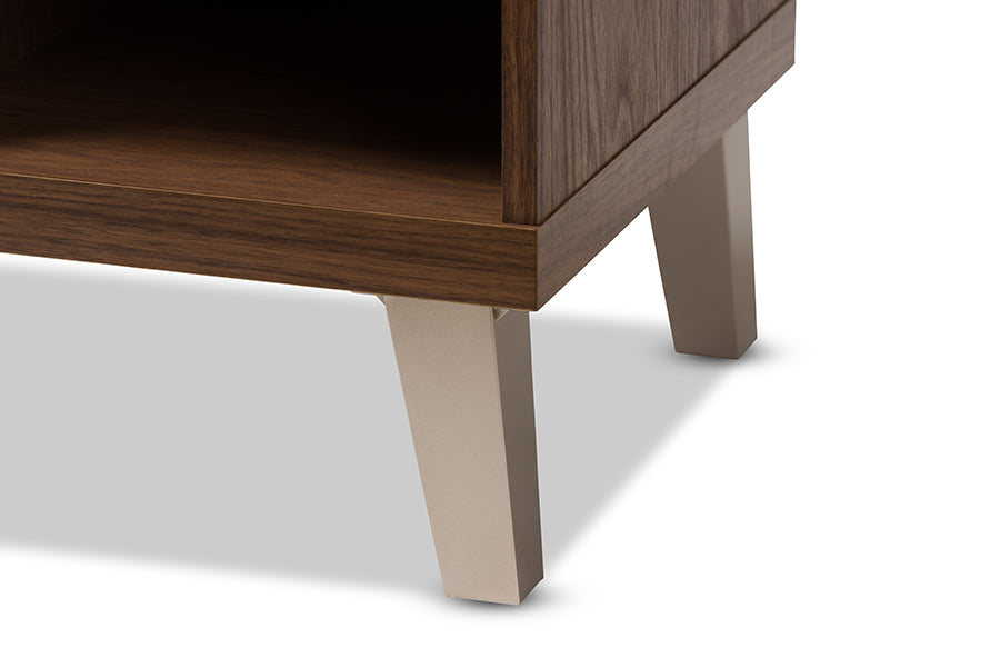 Baxton Studio Arielle Modern and Contemporary Walnut Wood 3-Drawer Shoe Storage Grey Fabric Upholstered Seating Bench with Two Open Shelves | Cabinets | Modishstore - 4
