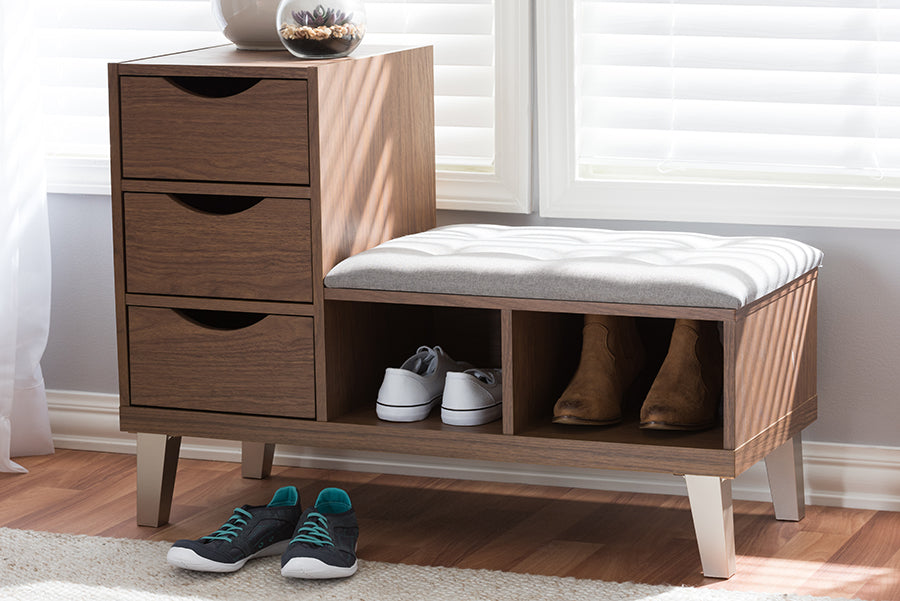 Baxton Studio Arielle Modern and Contemporary Walnut Wood 3-Drawer Shoe Storage Grey Fabric Upholstered Seating Bench with Two Open Shelves | Cabinets | Modishstore - 2