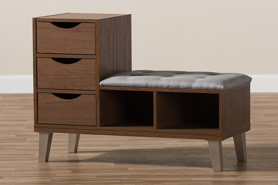 Baxton Studio Arielle Modern and Contemporary Walnut Wood 3-Drawer Shoe Storage Grey Fabric Upholstered Seating Bench with Two Open Shelves | Cabinets | Modishstore - 3