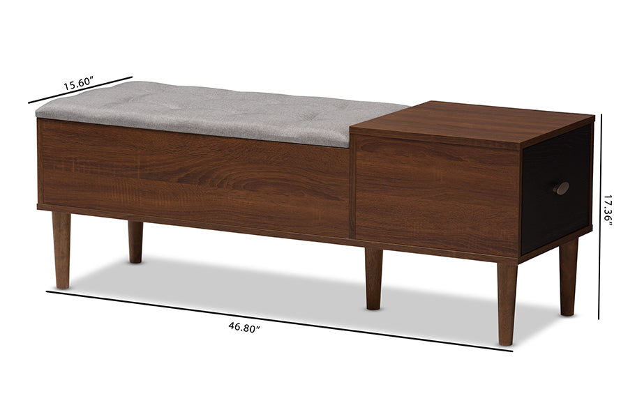 Baxton Studio Merrick Mid-century Retro Modern 1-drawer 2-tone Oak and Dark Brown Wood Entryway Storage Grey Fabric Cushioned Bench Shoe Rack Cabinet Organizer | Cabinets | Modishstore - 10