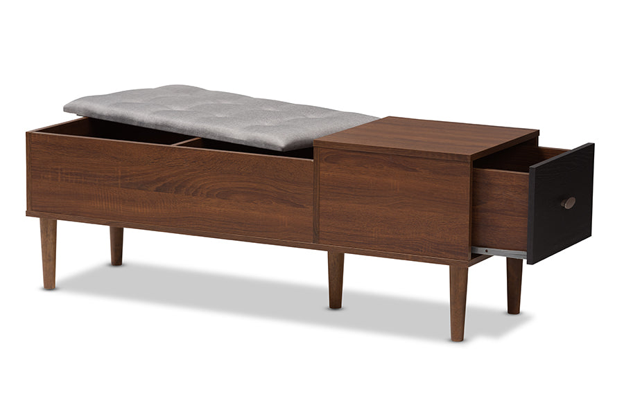 Baxton Studio Merrick Mid-century Retro Modern 1-drawer 2-tone Oak and Dark Brown Wood Entryway Storage Grey Fabric Cushioned Bench Shoe Rack Cabinet Organizer | Cabinets | Modishstore - 9