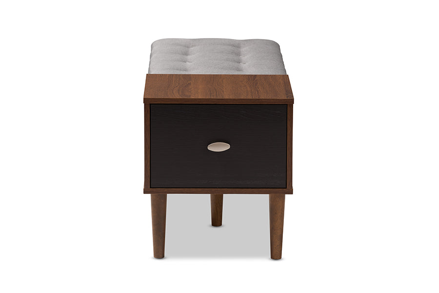 Baxton Studio Merrick Mid-century Retro Modern 1-drawer 2-tone Oak and Dark Brown Wood Entryway Storage Grey Fabric Cushioned Bench Shoe Rack Cabinet Organizer | Cabinets | Modishstore - 7