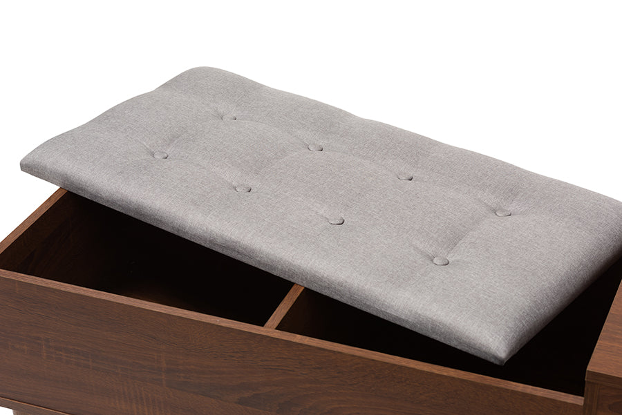 Baxton Studio Merrick Mid-century Retro Modern 1-drawer 2-tone Oak and Dark Brown Wood Entryway Storage Grey Fabric Cushioned Bench Shoe Rack Cabinet Organizer | Cabinets | Modishstore - 6